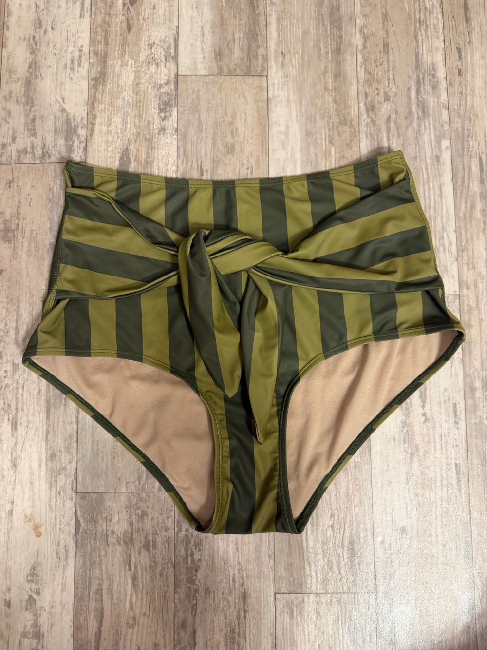 Kortni Jeane Olive Stripe High-Rise Bikini Bottoms